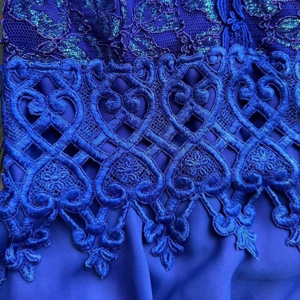 Sherri Hill‎ Royal Blue Lace Keyhole Cocktail Dress Shimmer Crochet Waist
